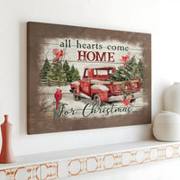 Vintage Red Truck Canvas Print, All Hearts Come Home for Christmas Canvas Wall Art, Holiday Cardinal Wall Decor, Farmhouse Xmas Canvas