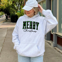 Green Plaid Varsity Lettering Hooded Sweatshirt, Merry Christmas Hoodie, Preppy Holiday Tree Pullover, Comfy Festive Winter Outfit Present