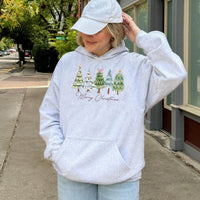 Merry Christmas Tree Hooded Sweatshirt, Watercolor Christmas Tree Hoodie, Festive Pine Forest Pullover Hoodie, Comfy Winter Holiday Present