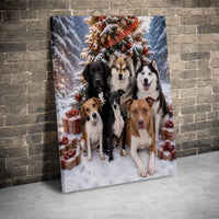 Festive Dog Pack Holiday Art Print, Christmas Dogs Wall Art, Snowy Christmas Tree Dogs Poster, Adorable Pet Lover Xmas Decor Digital Download