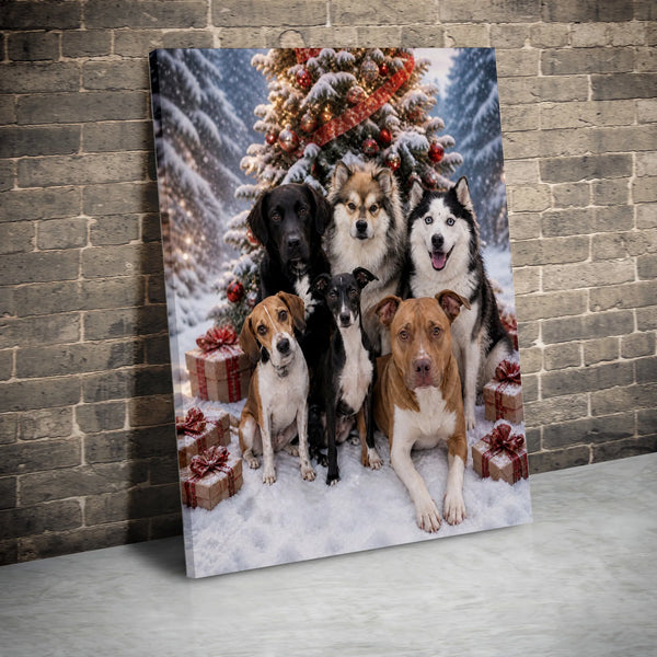 Holiday Dogs Christmas Tree Wall Art, Christmas Dog Pack Portrait Canvas, Snowy Winter Dog Canvas Print, Festive Pet Wall Dec