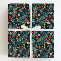 Pine Branch Holiday Gift Wrap, Colorful Ornaments Christmas Wrapping Paper, Navy Blue Xmas Wrapping Paper, Festive Winter Gift Wrap Roll