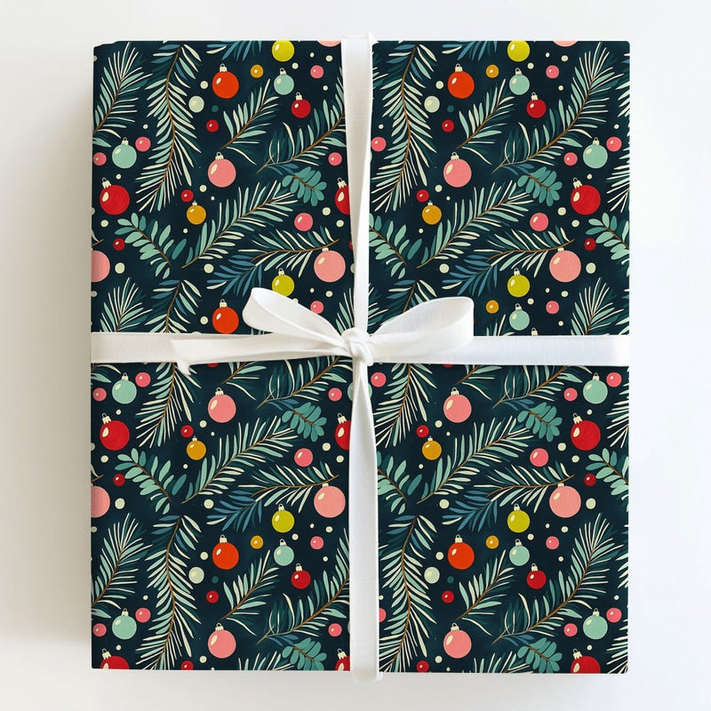 Pine Branch Holiday Gift Wrap, Colorful Ornaments Christmas Wrapping Paper, Navy Blue Xmas Wrapping Paper, Festive Winter Gift Wrap Roll