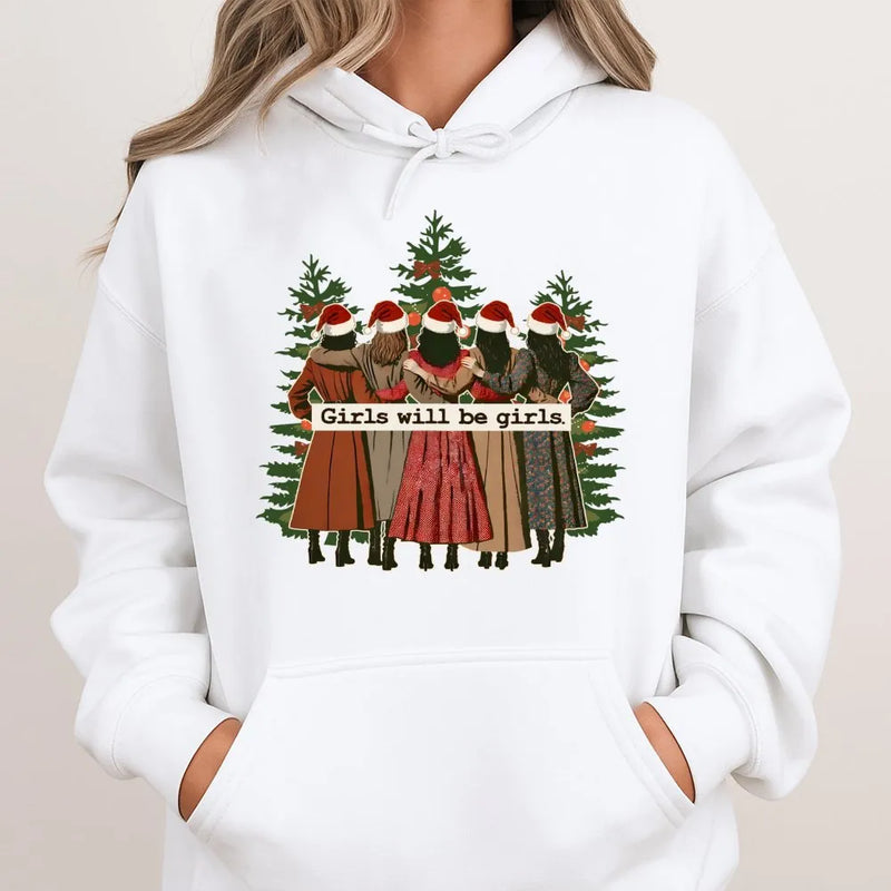 Christmas Best Friend Graphic Hoodie, Girls Will Be Girls Hoodie, Matching Holiday Sweatshirt, Adorable Winter Besties Hooded Pullover