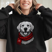 Adorable Dog Red Scarf Hoodie, Golden Retriever Christmas Hoodie, Festive Retriever Winter Hooded Sweatshirt, Pet Lover Holiday Pullover Present