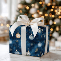 Elegant Snowflake Christmas Gift Wrap, Navy Blue Gold Ornament Wrapping Paper, Winter Baubles Wrapping Paper, Holiday Present Gift Wrap Roll