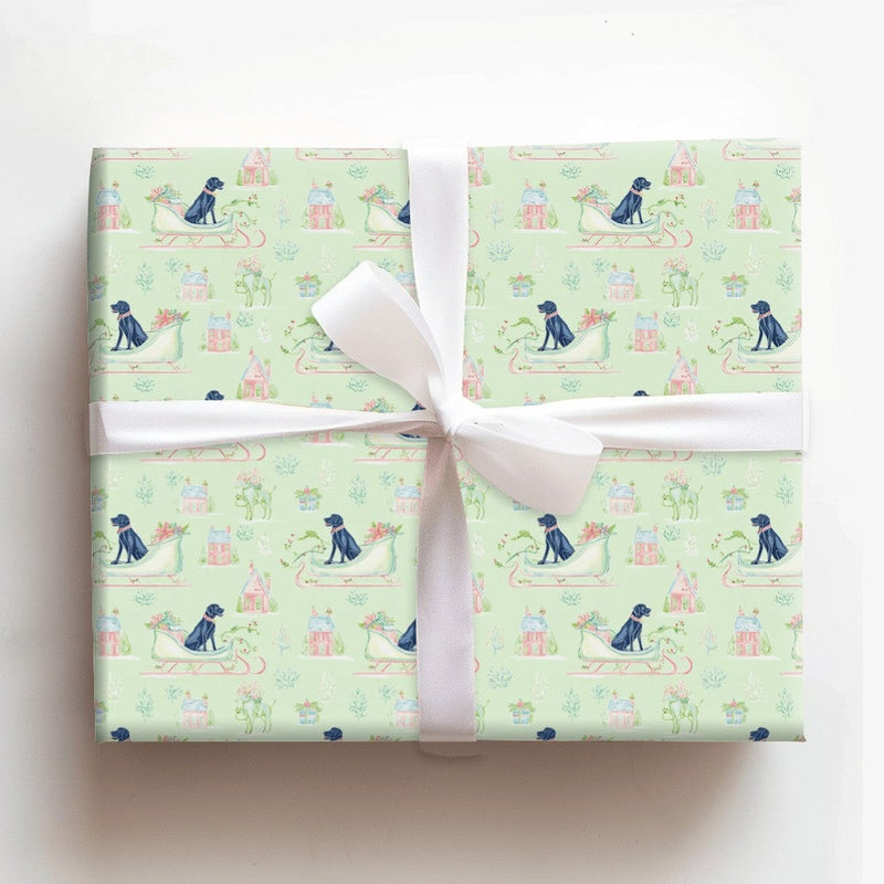 Watercolor Dog Sleigh Gift Wrap, Black Labrador Christmas Wrapping Paper, Pastel Village Holiday Wrapping Paper, Adorable Dog Lover Gift Wrap