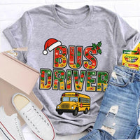 Santa Hat Bus Driver Graphic Tee, School Bus Driver Christmas T-Shirt, Humorous Holiday Driver Shirt, Transportation Staff Xmas Present