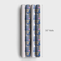 Watercolor Winter City Gift Wrap, Pink Christmas Tree Cityscape Wrapping Paper, Festive Street Holiday Wrapping Paper, Urban Gift Wrap Roll