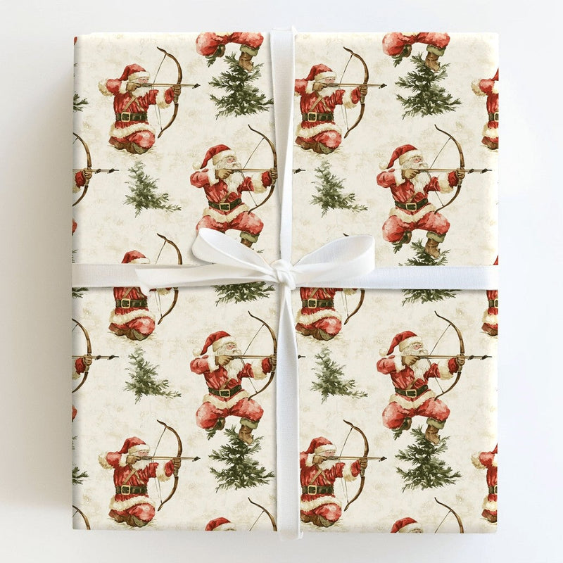 Watercolor Bow and Arrow Santa Gift Wrap, Santa Archer Wrapping Paper, Hunter Santa Christmas Wrapping Paper, Archery Holiday Gift Wrap
