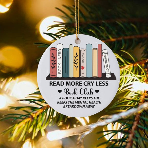 Book Lover Bookshelf Ornament, Read More Cry Less Christmas Ornament, Ceramic Reading Tree Ornament, Humorous Bookish Decor, 