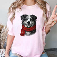 Adorable Winter Scarf Dog Graphic Tee, Border Collie Christmas Dog T-Shirt, Holiday Dog Lover Shirt, Festive Puppy Xmas T-Shirt, Christmas Present