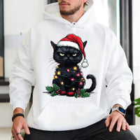 Humorous Santa Kitten Hoodie, Grumpy Black Cat Christmas Hoodie, Retro Spooky Cat Sweatshirt, Holiday Cat Lover Hooded Sweatshirt, Xmas Present