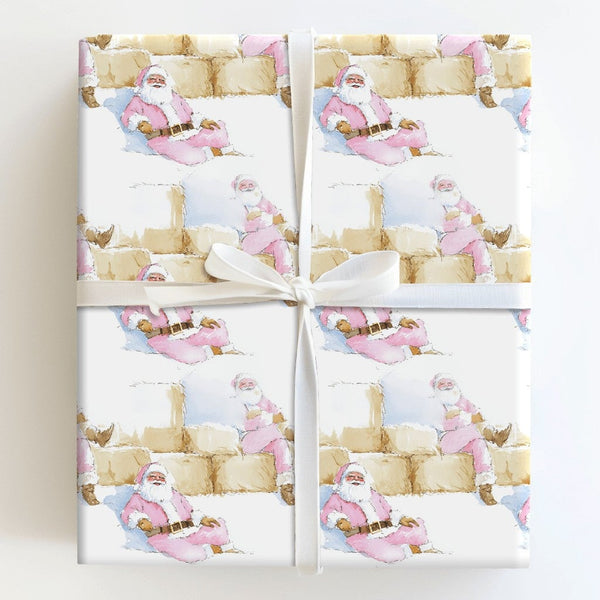 Rustic Hay Bale Christmas Gift Wrap, Pink Santa Wrapping Paper, Watercolor Country Holiday Wrapping Paper, Whimsical Western 