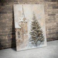 Snowy Christmas Tree Canvas Print, Winter Church Canvas Wall Art, Winter Landscape Canvas, Rustic Holiday Wall Decor, Christmas Home Present