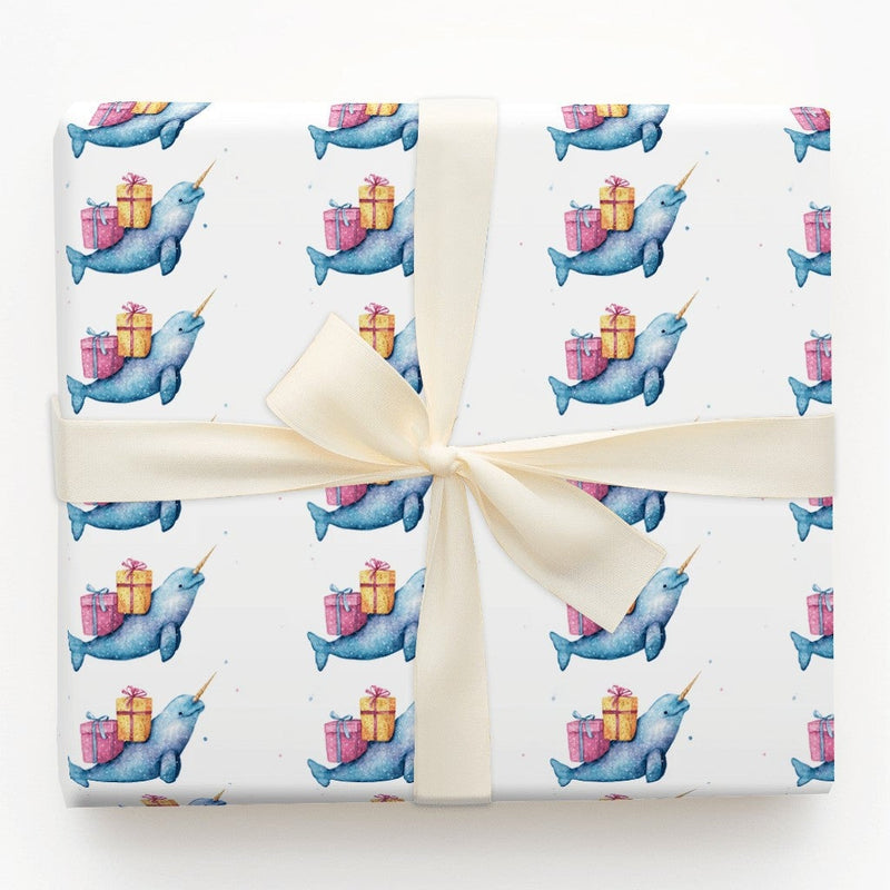 Adorable Ocean Animal Gift Wrap, Watercolor Narwhal Christmas Wrapping Paper, Birthday Present Wrapping Paper, Whimsical Holiday Gift Wrap Roll