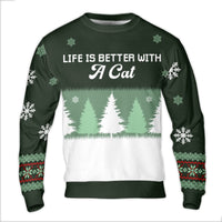 Festive Cat Tree Sweater, Life Is Better with a Cat Ugly Christmas Sweater, Snowflake Cat Holiday Sweatshirt, Cat Lover Xmas Present Pullover