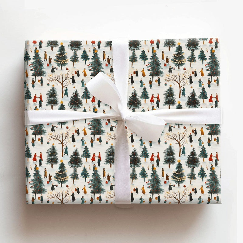 Winter Village Landscape Gift Wrap, Christmas Tree Farm Wrapping Paper, Painterly Holiday Wrapping Paper, Festive Market Gift Wrap Roll