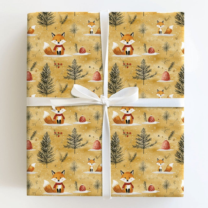 Woodland Animal Christmas Gift Wrap, Winter Fox Wrapping Paper, Adorable Scarf Fox Holiday Wrapping Paper, Forest Present Wrapping Paper