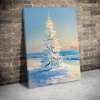 Impressionist Snowy Beach Canvas Print, White Christmas Tree Canvas Wall Art, Coastal Holiday Wall Decor, Winter Ocean Canvas Art Home Present