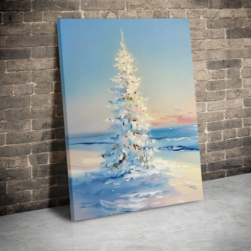 Impressionist Snowy Beach Canvas Print, White Christmas Tree Canvas Wall Art, Coastal Holiday Wall Decor, Winter Ocean Canvas Art Home Present
