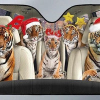 Holiday Animal Windshield Cover, Tiger Family Christmas Car Sunshade, Festive Auto Sun Shade, Xmas Tiger Car Decor, Winter Car Present