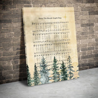 Vintage Christmas Carol Sheet Music Canvas Print, Hark the Herald Angels Sing Canvas Wall Art, Religious Pine Tree Wall Decor Present Art