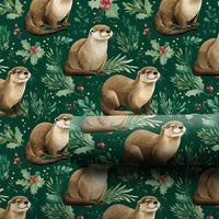 Dark Green Woodland Animal Wrapping Paper, Otter Christmas Holly Wrapping Paper, Adorable Otter Holiday Wrapping Paper, Nature Lover Gift Wrap