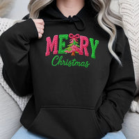 Faux Yarn Knit Pattern Sweatshirt, Merry Christmas Hoodie, Comfy Holiday Season Pullover, Festive Vintage Xmas Graphic Hoodie