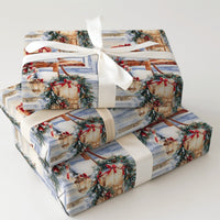 Winter Sled Holiday Gift Wrap, Snowy Front Porch Christmas Wrapping Paper, Rustic Cottage Porch Wrapping Paper, Festive Winter Gift Wrap