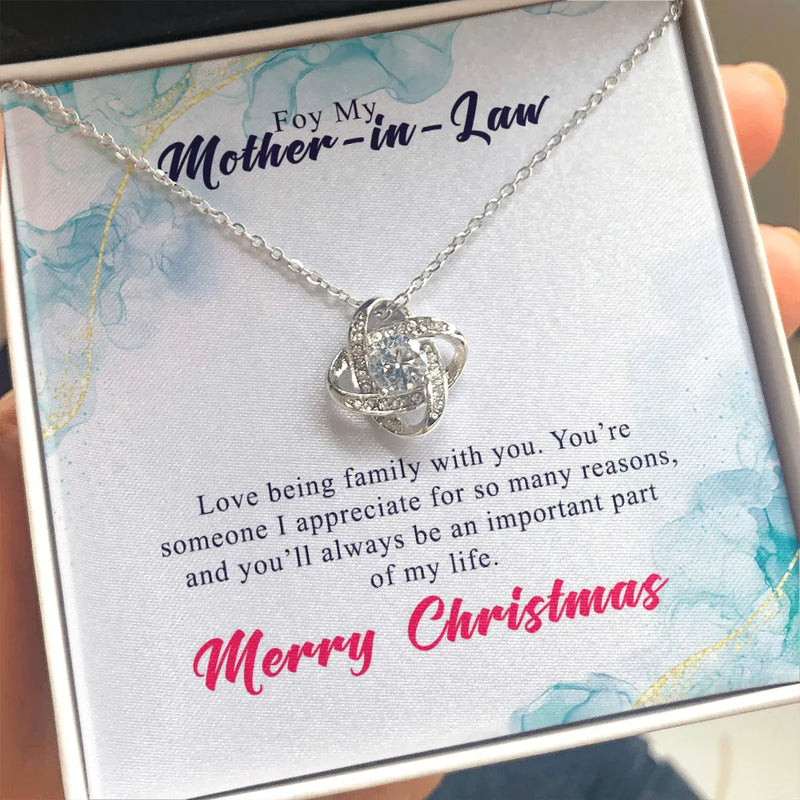 Cubic Zirconia Pendant Necklace, Mother-in-Law Love Knot Necklace, 14k White Gold Finish Jewelry, Meaningful Christmas Present