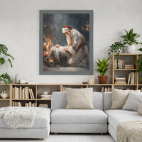 Nativity Scene Canvas Print, Kneeling Santa Baby Jesus Canvas Art, Christian Christmas Canvas Wall Decor, Holiday Faith Wall Art, Xmas Present