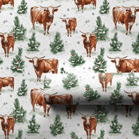 Rustic Western Christmas Gift Wrap, Longhorn Cattle Wrapping Paper, Farmhouse Pine Tree Wrapping Paper, Cow Lover Holiday Gift Wrap