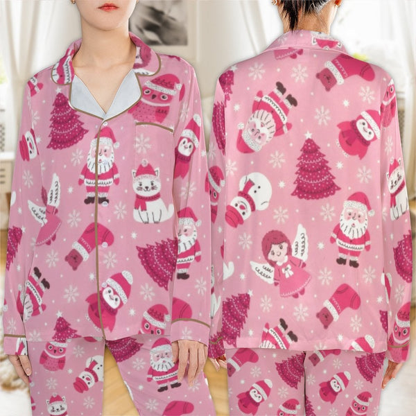 Santa Snowman Holiday Pajamas, Pink Christmas Pajama Set, Festive Pink Satin Pajamas, Winter Sleepwear Set, Adorable Xmas Lou