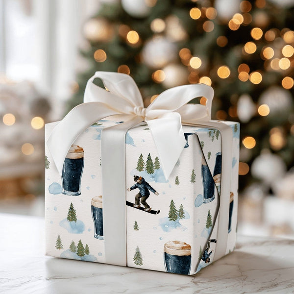 Winter Sports Stout Gift Wrap, Snowboarder Beer Wrapping Paper, Snowy Pines Drinks Wrapping Paper, Craft Beer Lover Christmas