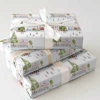 Watercolor Town Square Gift Wrap, Ice Skating Winter Village Wrapping Paper, Festive Christmas Wrapping Paper, Holiday Season Gift Wrap Roll