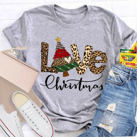 Festive Tree Graphic Shirt, Christmas Leopard Print T-Shirt, Trendy Animal Print Holiday Tee, Retro Merry Christmas Graphic T-Shirt