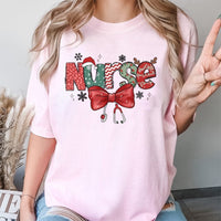 Stethoscope Red Bow Festive Graphic Tee, Christmas Nurse T-Shirt, Adorable Holiday RN Healthcare Shirt, Hospital Medical Staff Xmas Tee