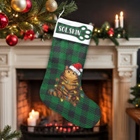 Personalized Green Plaid Holiday Stocking, Cat Christmas Stocking, Custom Pet Lover Xmas Stocking, Adorable Kitty Christmas Mantle Decor Present