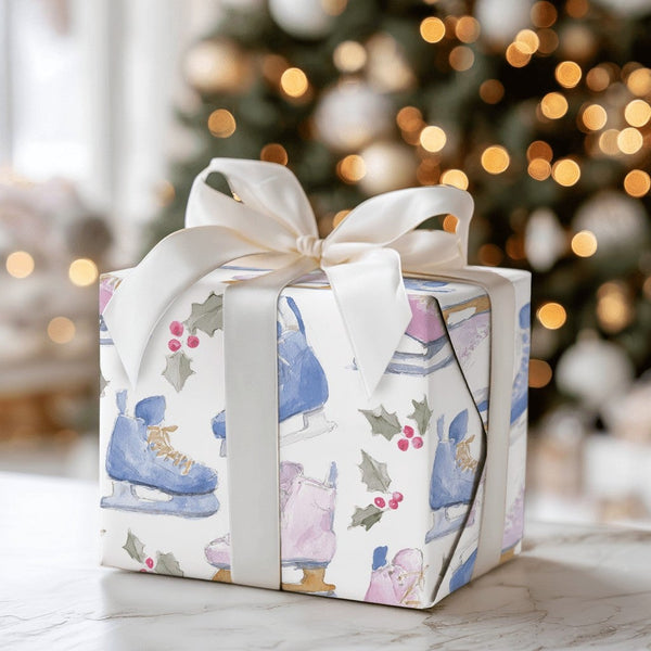 Watercolor Winter Holiday Gift Wrap, Ice Skates Wrapping Paper, Christmas Ice Skating Wrapping Paper, Adorable Holly Berry Gi