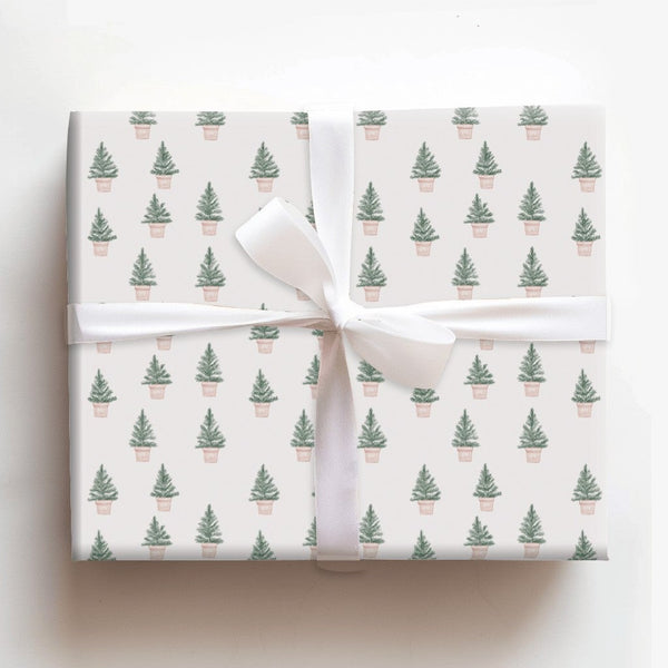 Minimalist Pine Holiday Gift Wrap, Potted Christmas Tree Wrapping Paper, Pink Pot Tree Wrapping Paper, Modern Festive Gift Wr