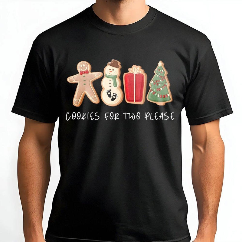 Adorable Gingerbread Snowman Graphic Tee, Cookies for Two Please Christmas T-Shirt, Holiday Pregnancy Reveal Shirt, Expecting Parents Present Tee