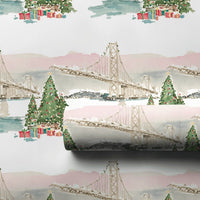 Watercolor Landmark Holiday Gift Wrap, San Francisco Bay Bridge Wrapping Paper, California Christmas Present Wrap, Festive Winter Paper