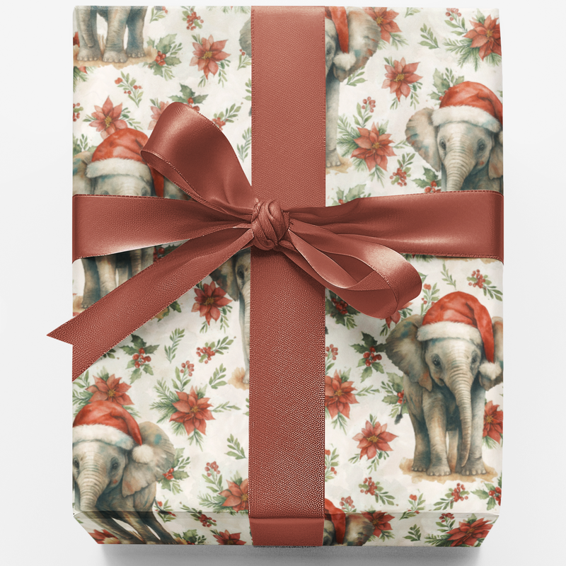 Poinsettia Holiday Wrapping Paper, Santa Elephant Christmas Wrapping Paper, Adorable Animals Gift Wrapping Paper, Kids Winter Present Wrap