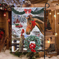 Winter Snow Wreath Red Bow Yard Flag, Horse Christmas Garden Flag, Farmhouse Holiday Lawn Flag, Double-Sided Equestrian Porch Decor