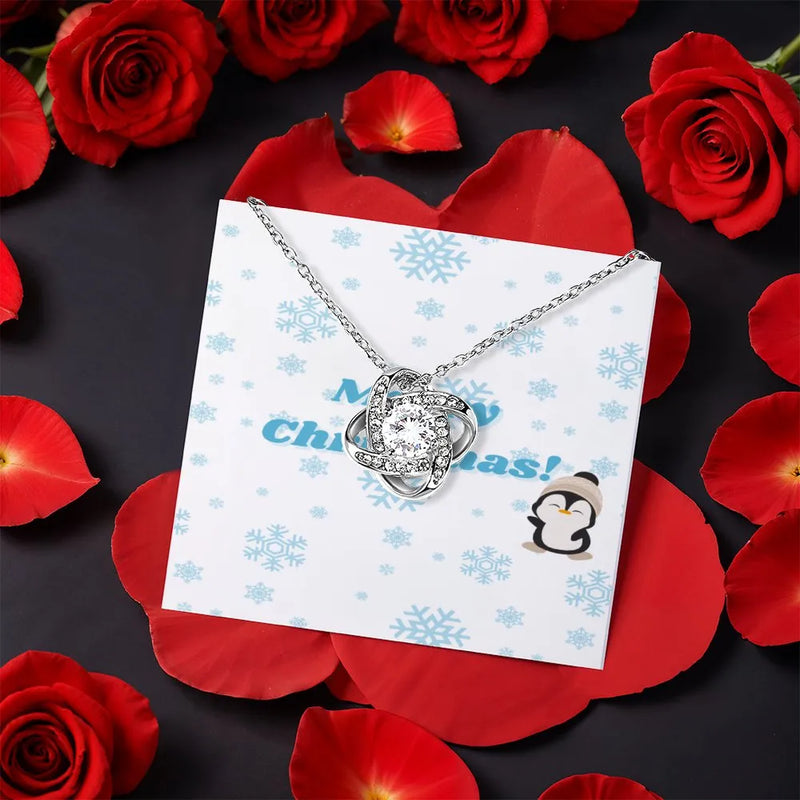 Christmas Love Knot Necklace, Penguin Snowflake Love Knot Necklace, Holiday Message Card Jewelry, Adorable Winter Love Knot Present for Her