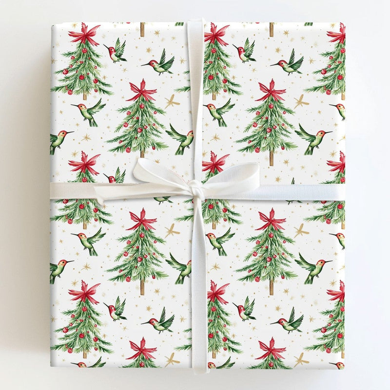Watercolor Holiday Gift Wrap, Hummingbird Christmas Wrapping Paper, Bird Christmas Tree Wrap, Festive Gift Wrapping Paper Roll