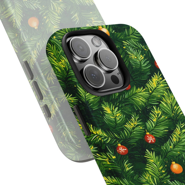 Festive Winter Holiday Pine Needle Case, Christmas Tree Branch Phone Case for iPhone, Xmas Ornament Pattern Tough Phone Cover