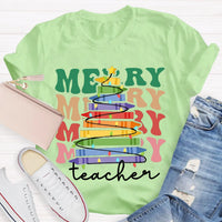 Holiday Classroom Graphic Shirt, Crayon Christmas Tree Teacher T-Shirt, Adorable Festive Xmas Tee, Present for Teachers