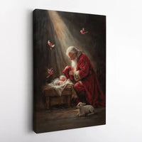 Religious Christmas Canvas Wall Art, Santa Kneeling to Baby Jesus Canvas Art, Christian Nativity Canvas Print, Digital Download Xmas Decor